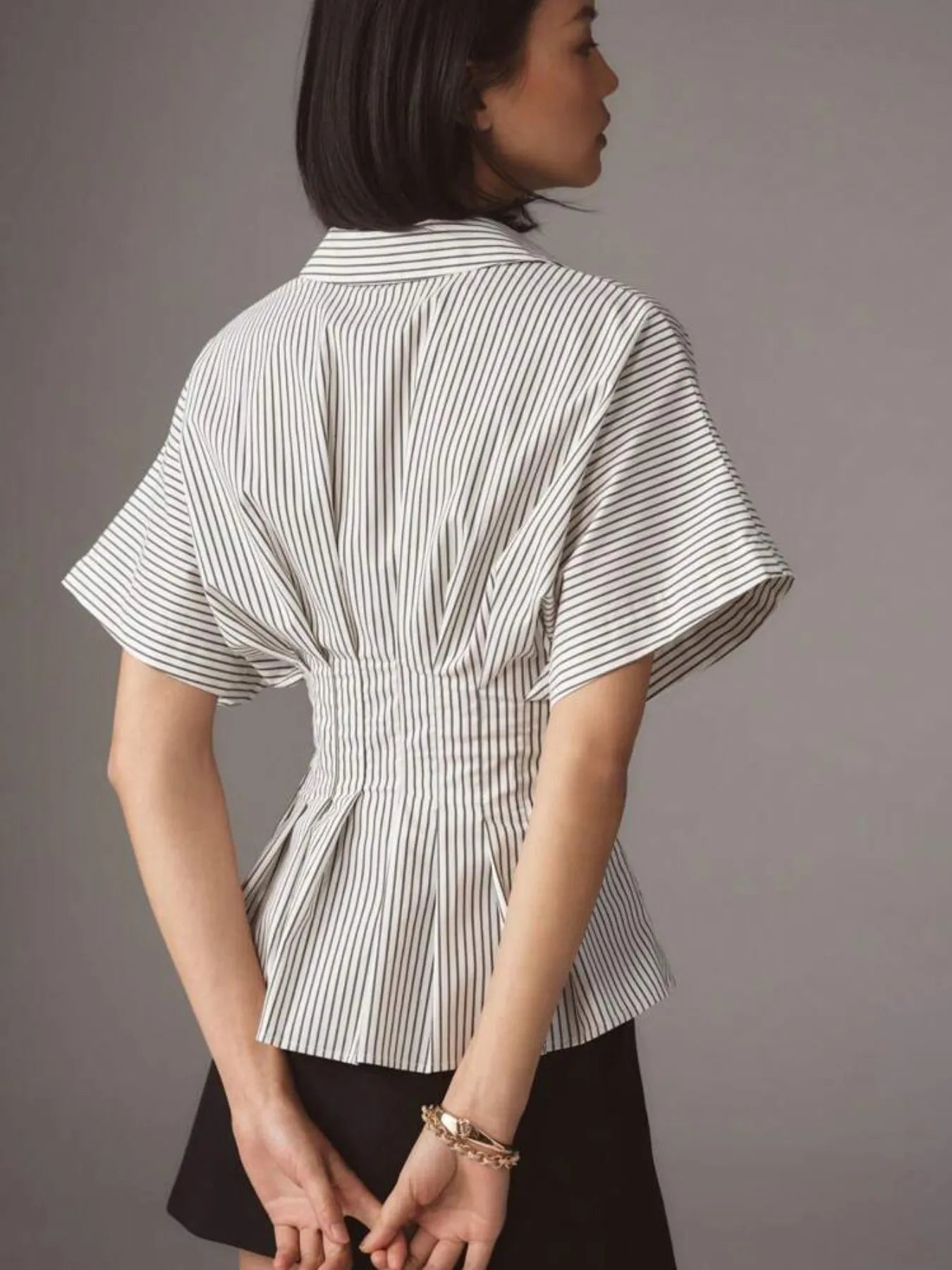 Pinstripe Puff Sleeve Cinched Waist Button Up Shirt -  Be Bliss Boutique