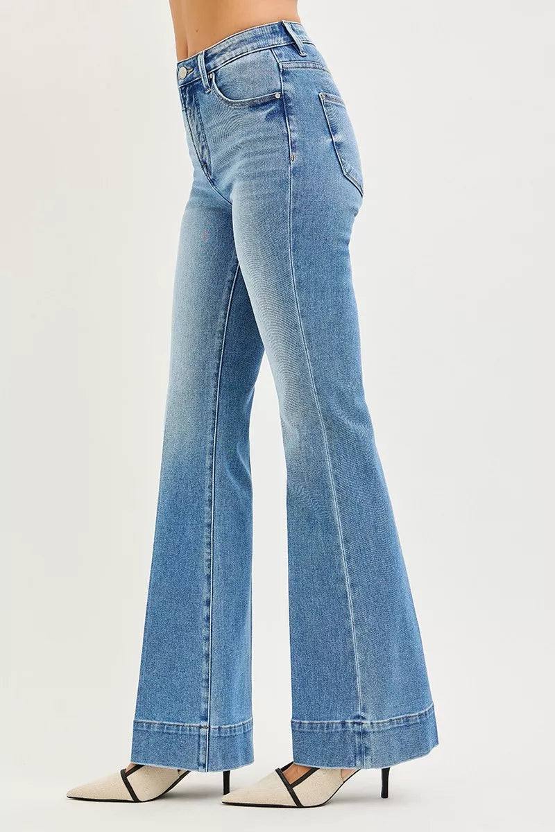 RISEN Jeans - Tummy Control 4 Way Stretch Mid Rise Flare Jeans - Be Bliss Boutique
