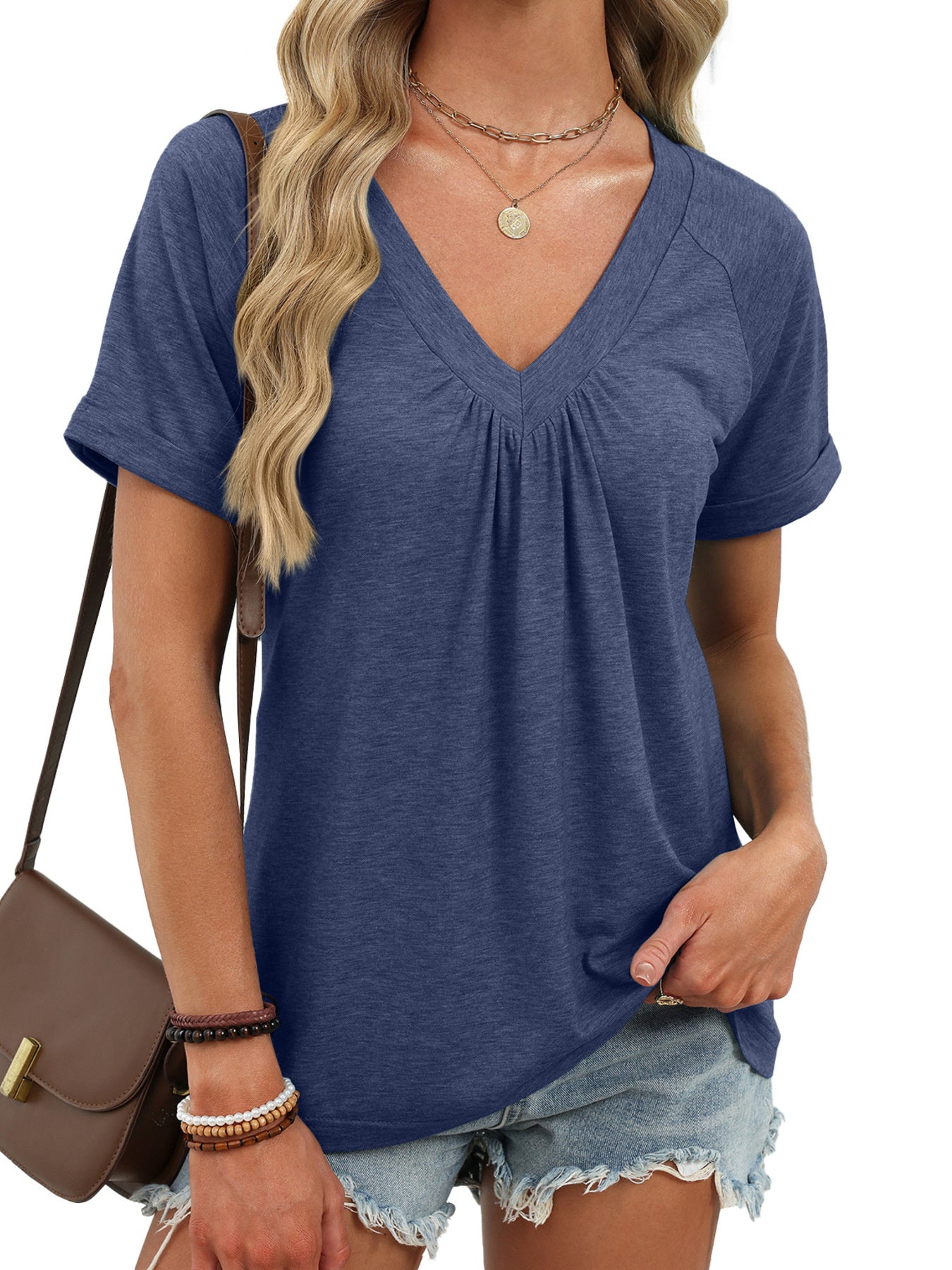 Women's Casual Ruched V Neck Short Sleeve T Shirt - Be Bliss Boutique