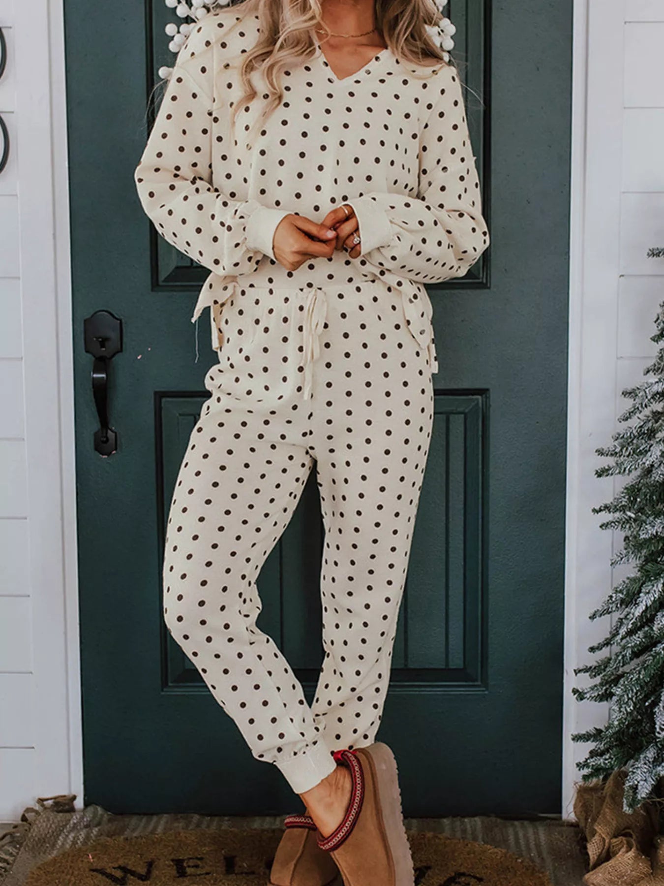 Polka Dot Notched Long Sleeve Top and Drawstring Joggers Lounge Set - Be Bliss Boutique