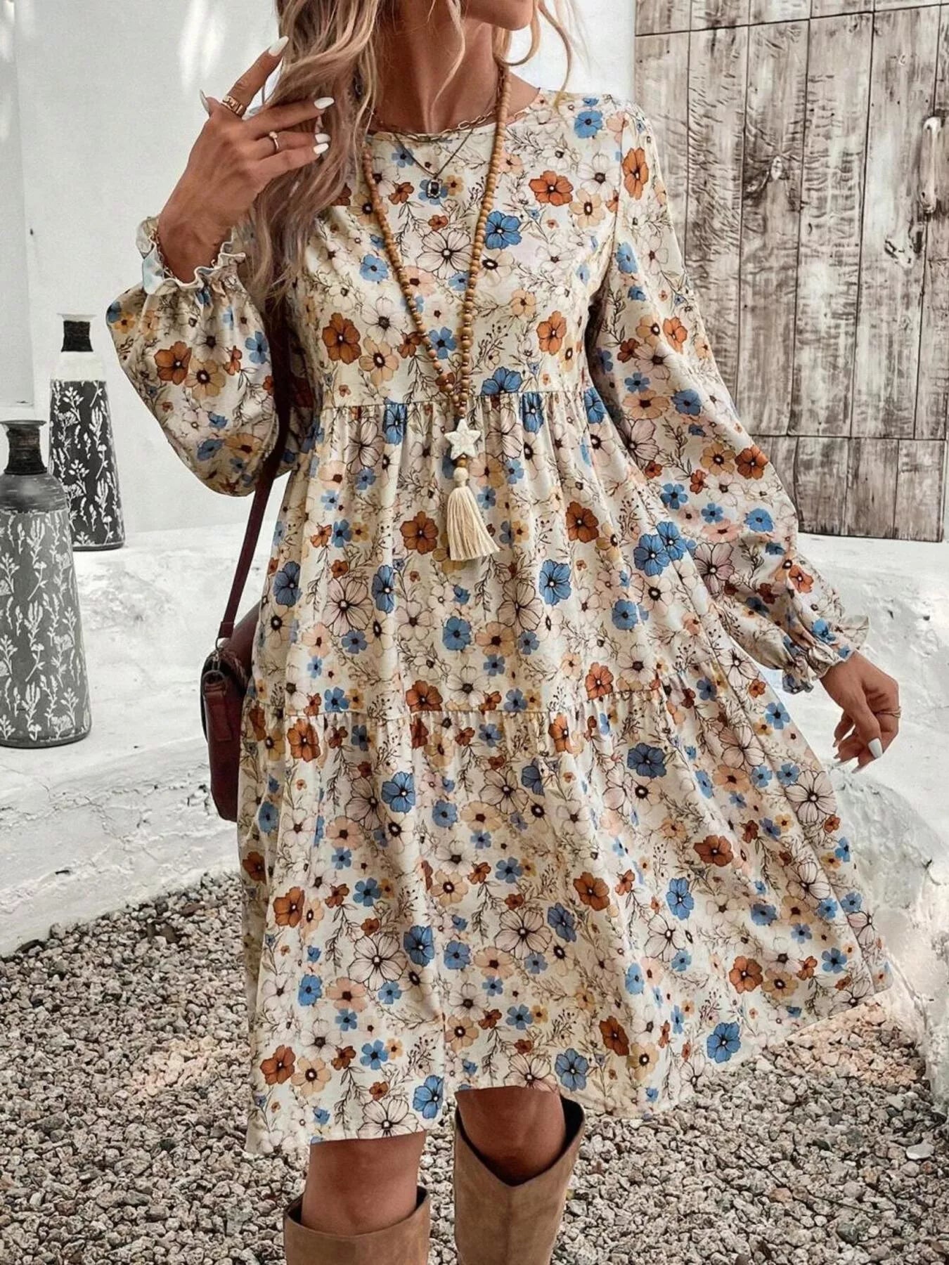 Floral Print Long Sleeve Tiered Dress -  Be Bliss Boutique