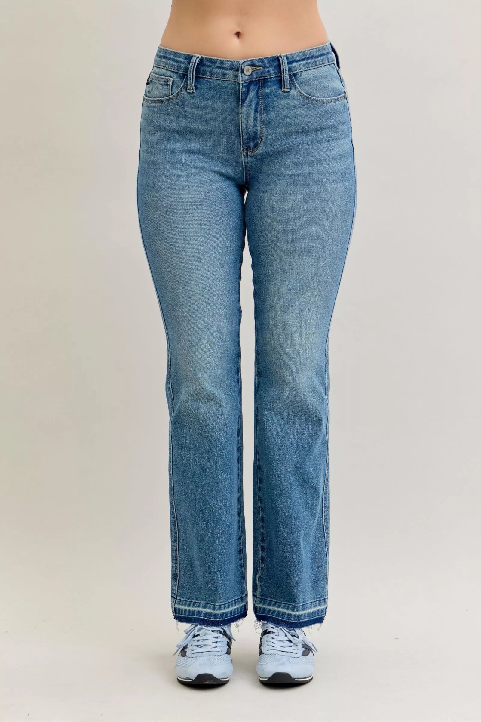 Judy Blue Jeans - Full Size Mid Rise Slim Bootcut Tummy Control Release Hem Jeans - Be Bliss Boutique