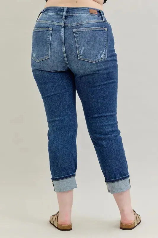 Judy Blue Full Size / Plus Size Mid Rise Cuffed Destroy Boyfriend Jeans |  Be Bliss Boutique