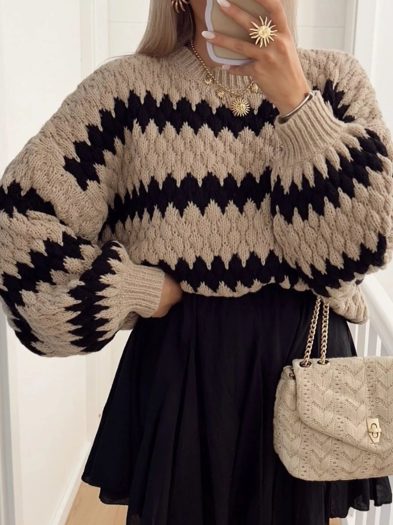 Striped Round Neck Dropped Shoulder Sweater -  Be Bliss Boutique