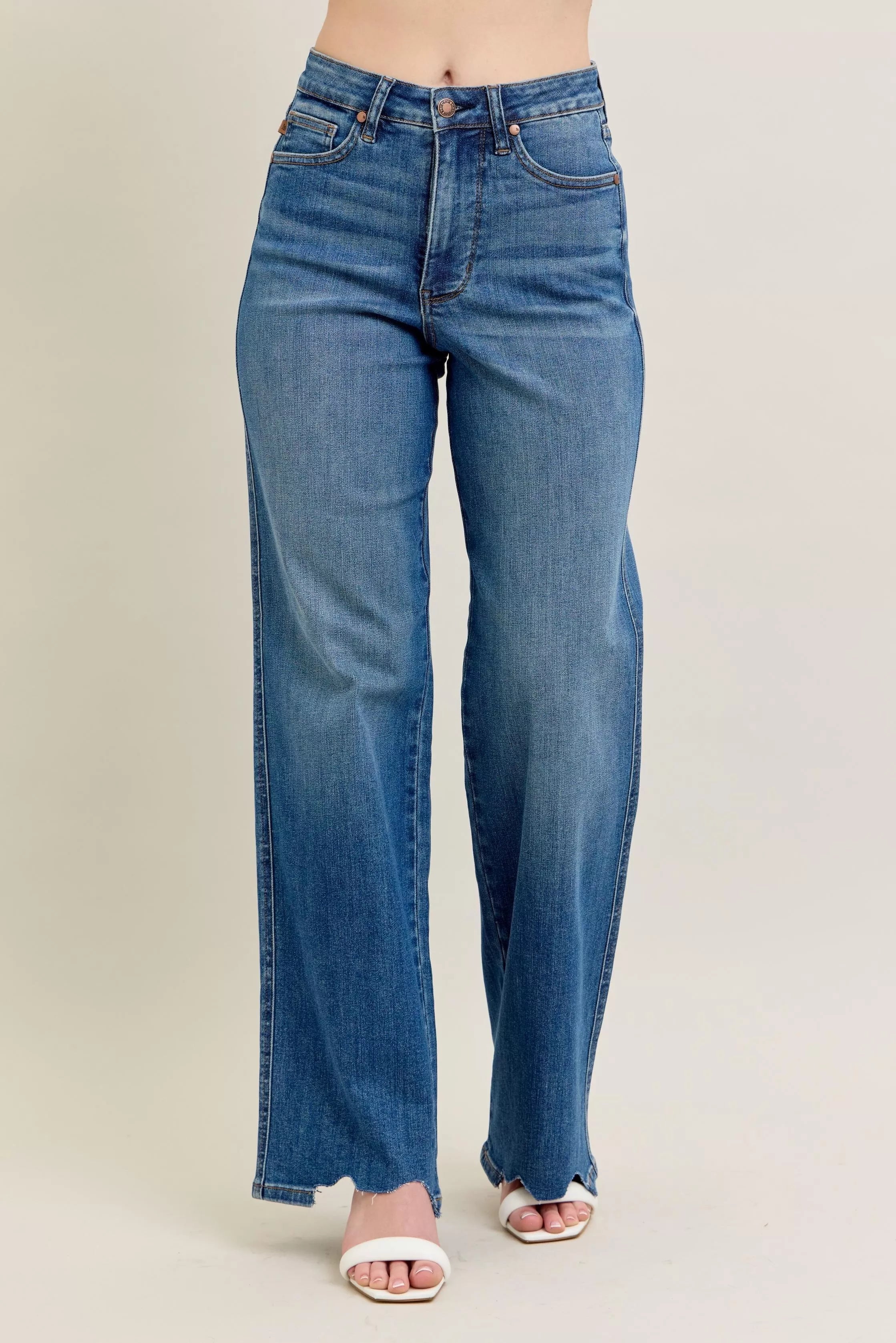 Judy Blue Full Size High Waist Tummy Control Chew Hem Destroy Wide Jeans Plus Size - Be Bliss Boutique