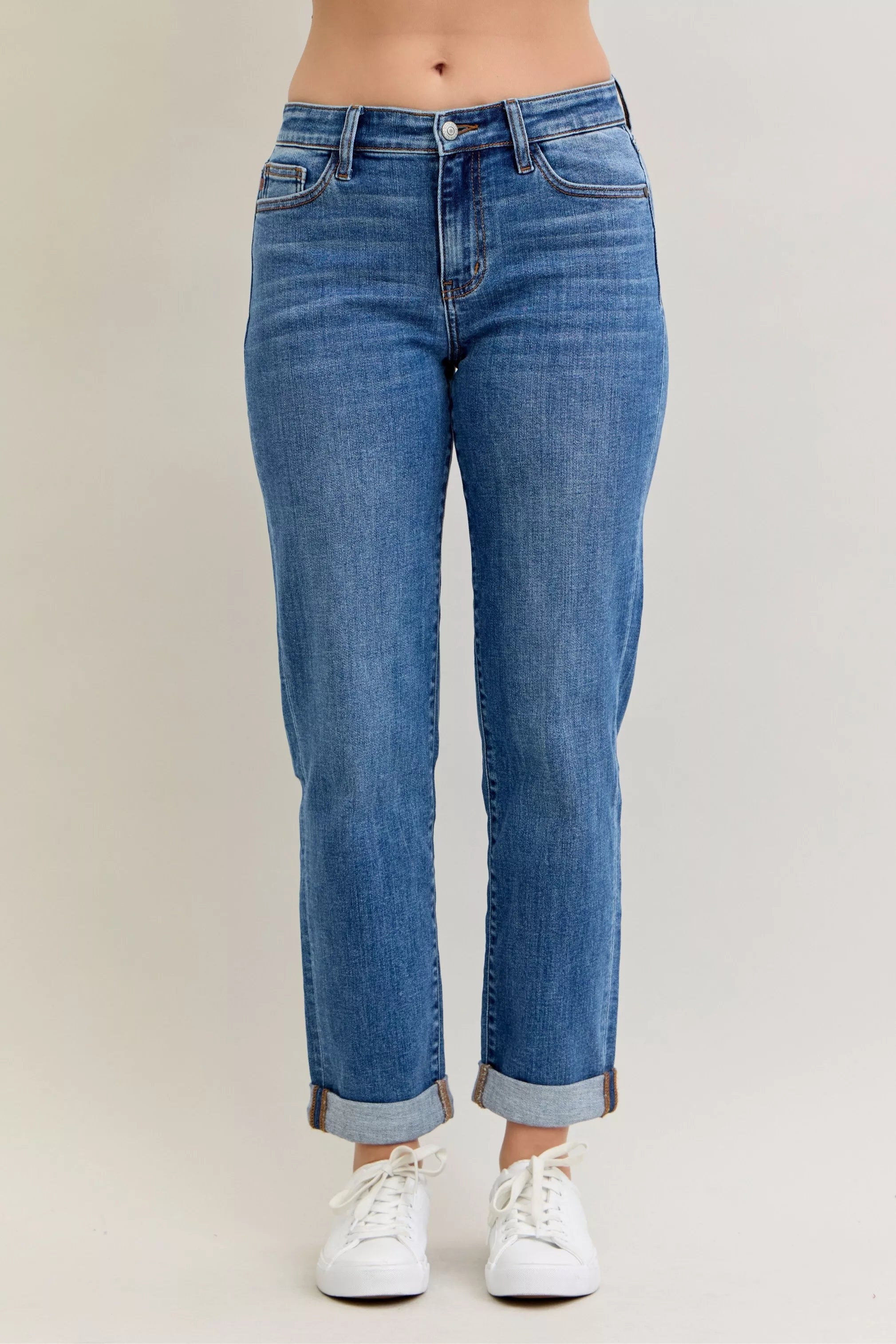 Judy Blue Full Size Mid Rise BF Classic Cuffed Jeans Plus Size - Be Bliss Boutique