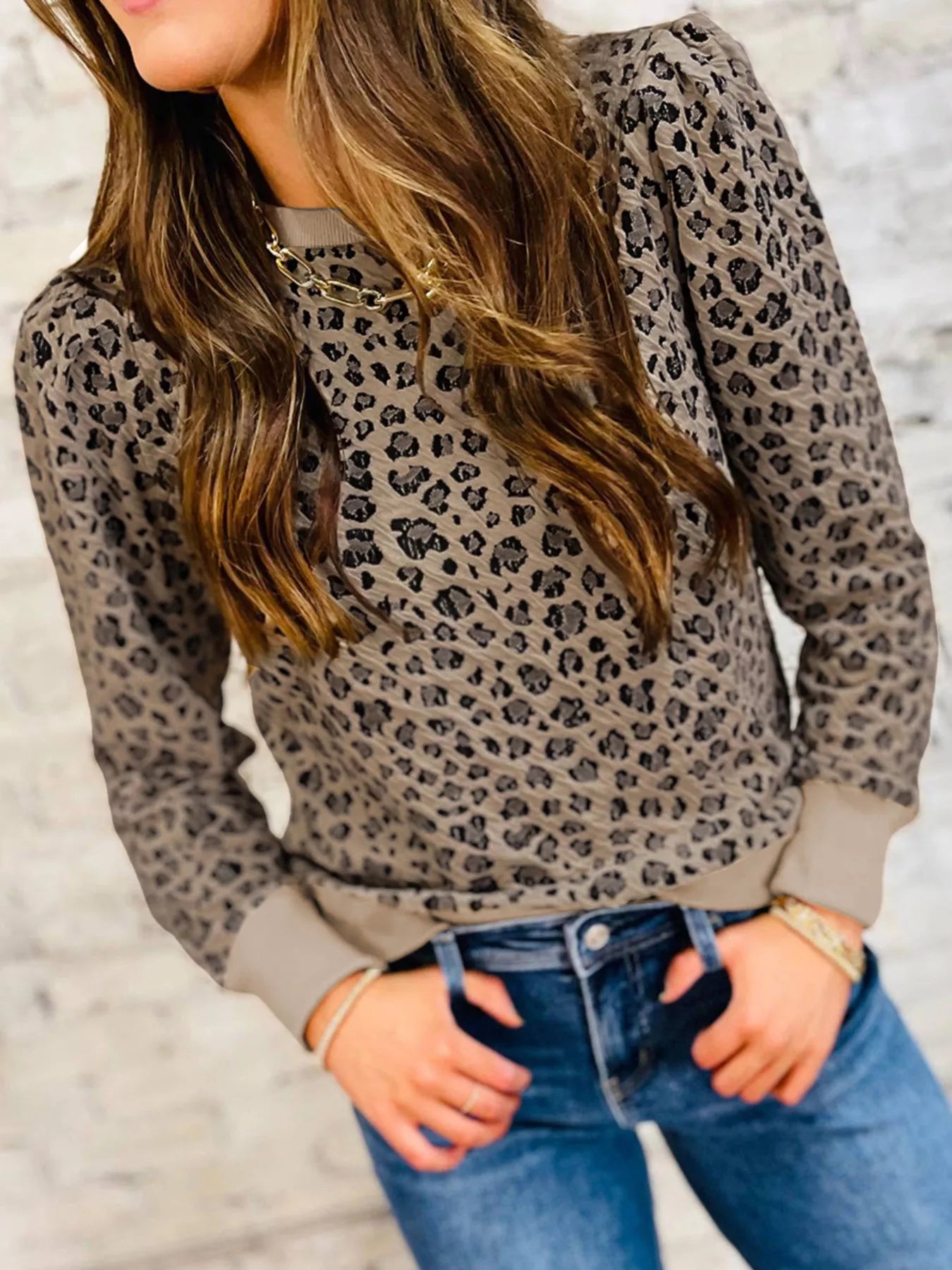 Ribbed Trim Leopard Print Long Sleeve Top - Be Bliss Boutique