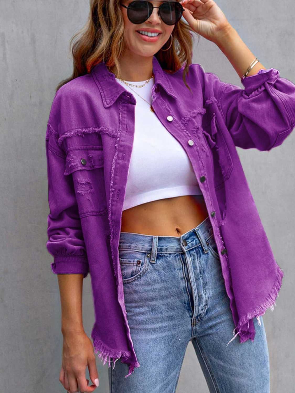 Distressed Drop Shoulder Denim Jacket - Be Bliss Boutique