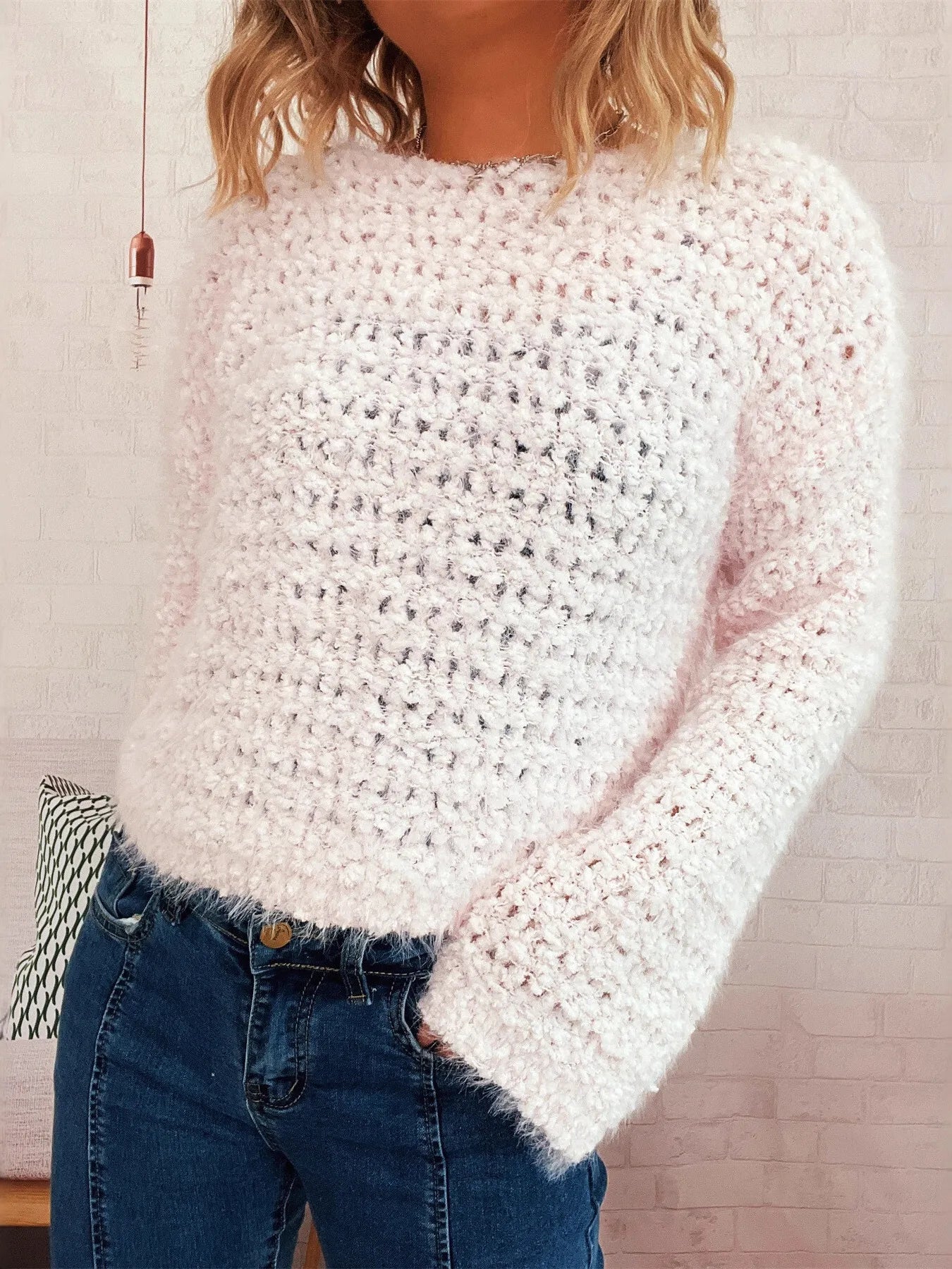Crochet Dropped Shoulder Round Neck Sweater -  Be Bliss Boutique