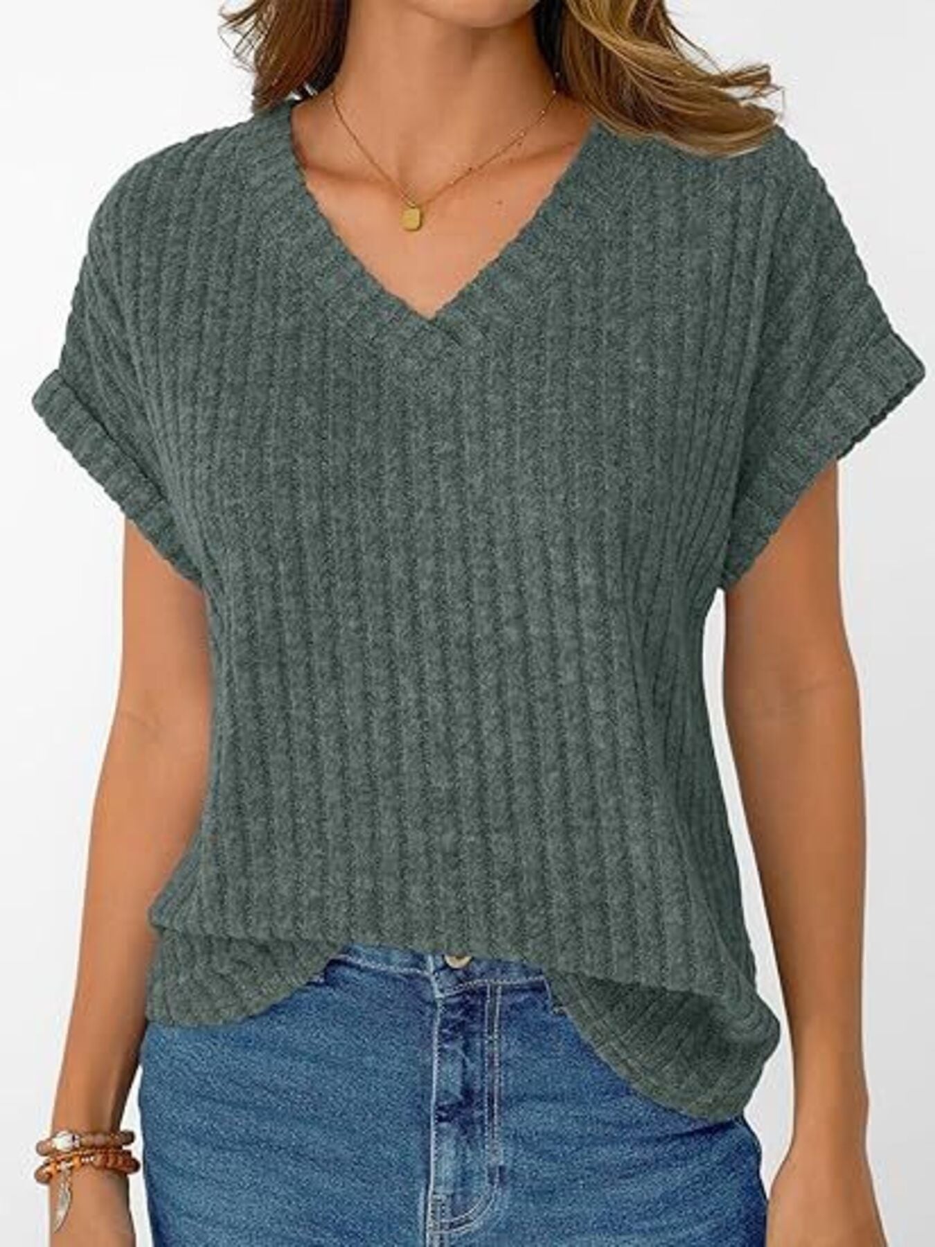Ribbed Knit V Neck Relaxed Fit T Shirt - Be Bliss Boutique
