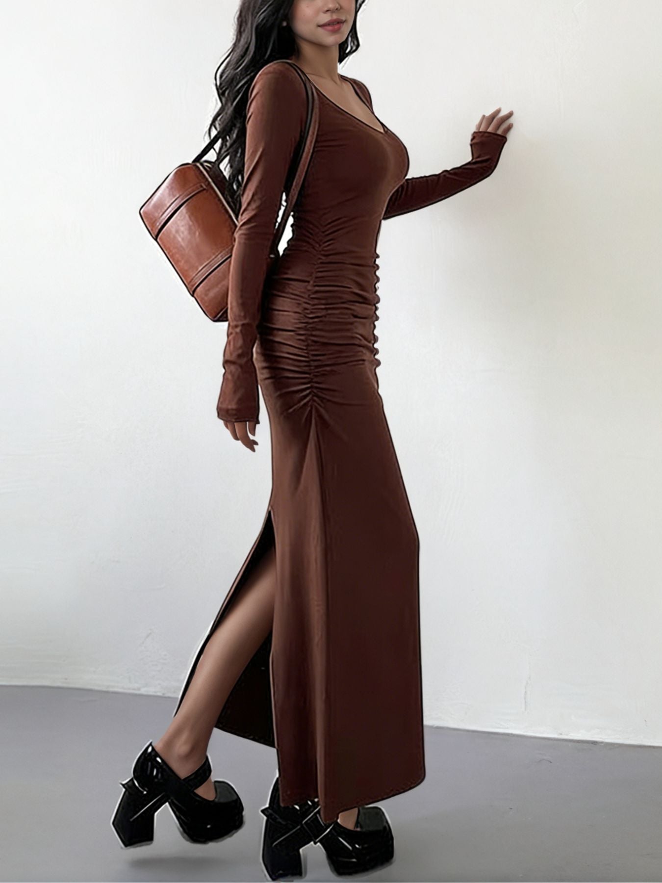 Ruched Slit Long Sleeve Bodycon Maxi Dress - Be Bliss Boutique