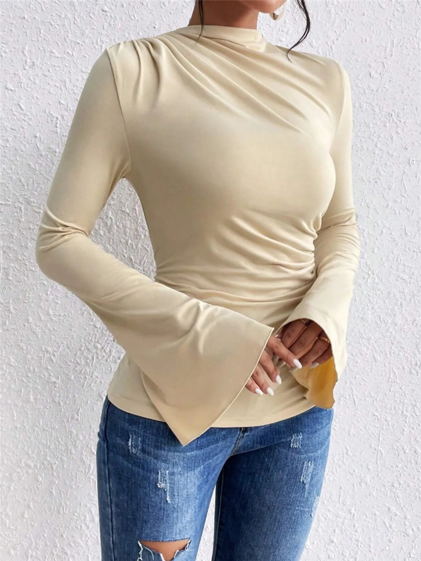 Bell Sleeve Ruched Fitted T-Shirt with Mock Neck - Be Bliss Boutique