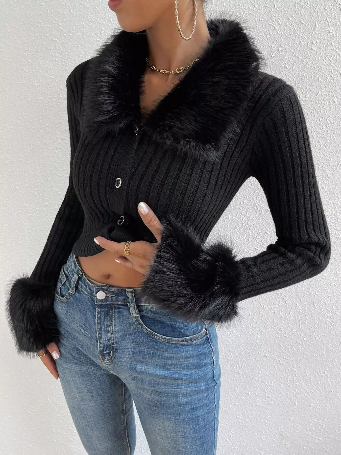 Faux Fur Trim Ribbed Knit Cropped Cardigan - Be Bliss Boutique
