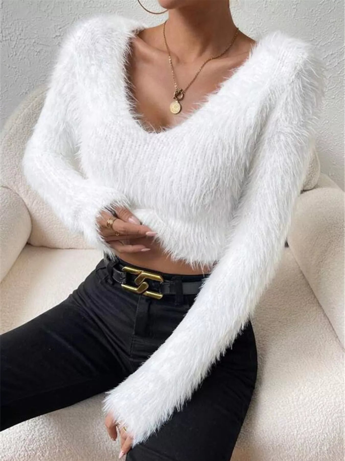 Fluffy Knit V Neck Sweater - Be Bliss Boutique