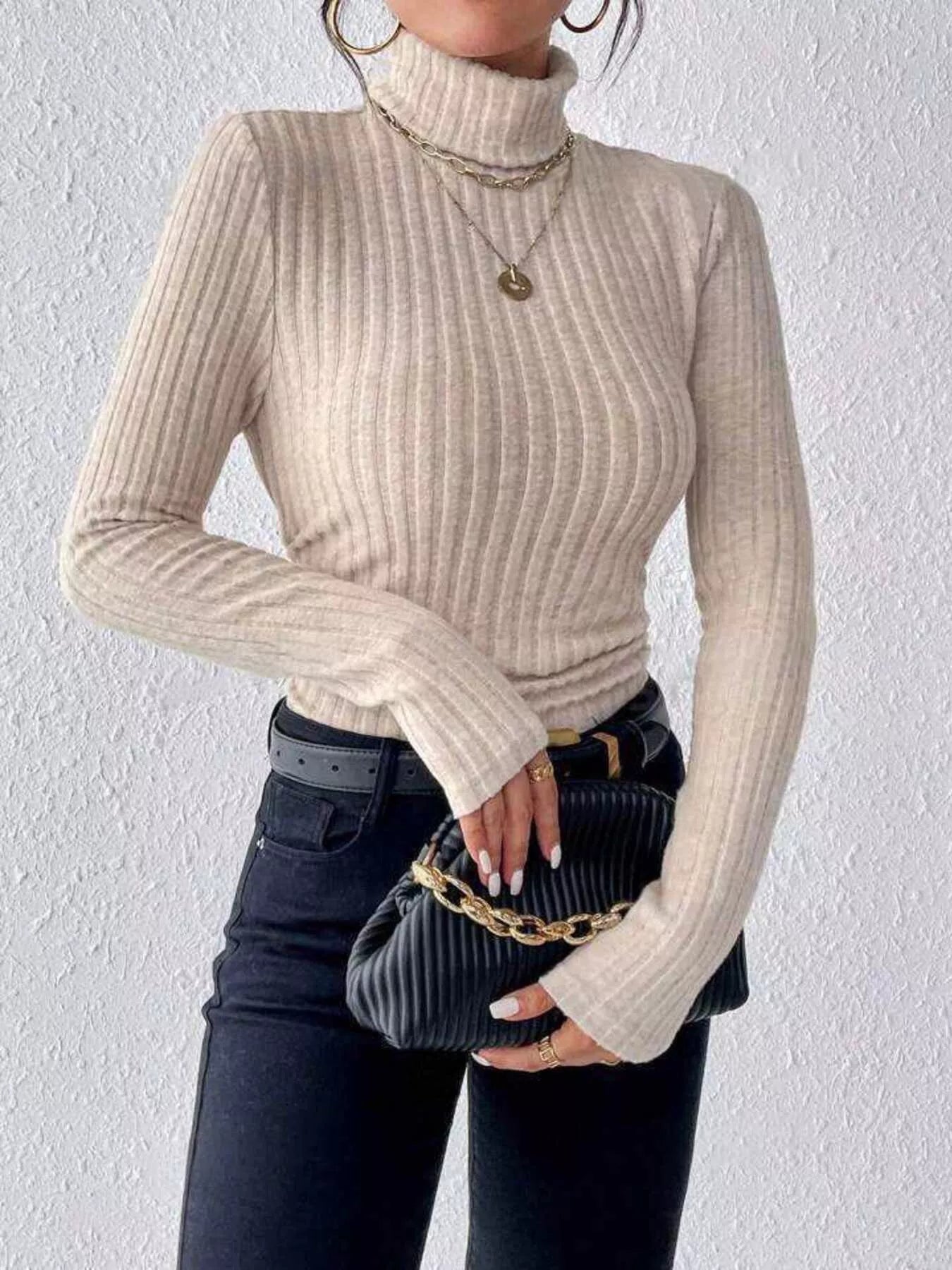 Ribbed Turtleneck Long Sleeve T Shirt - Be Bliss Boutique