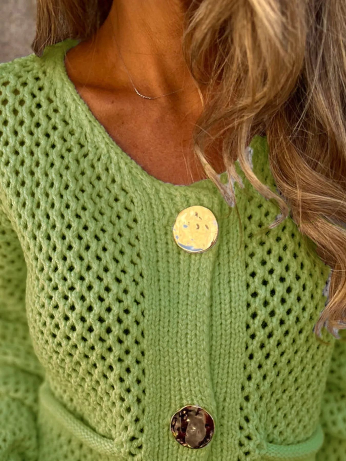 Crochet Button Up Long Sleeve Cardigan -  Be Bliss Boutique