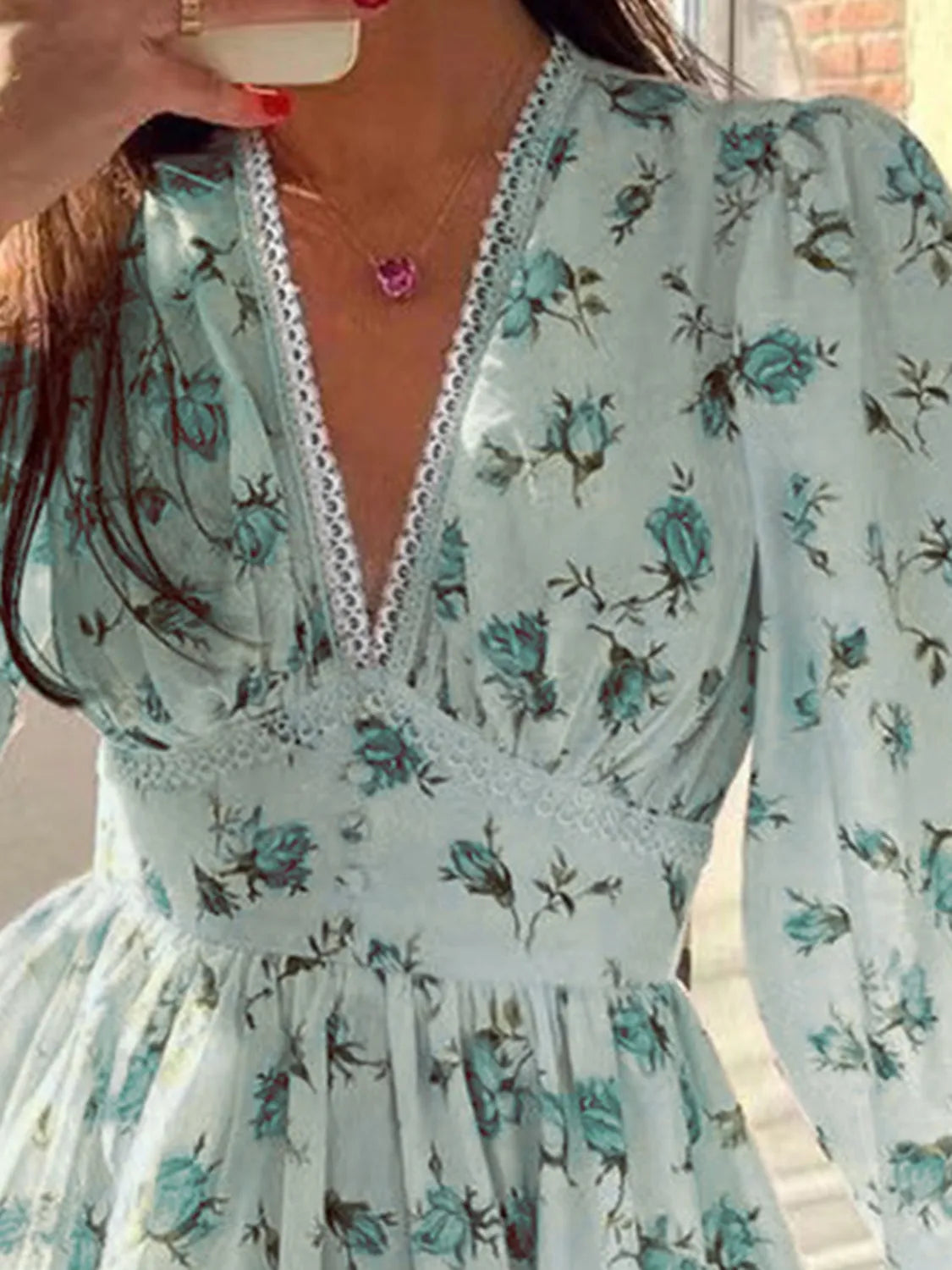 Lace Detail V-Neck Balloon Sleeve Dress - Be Bliss Boutique