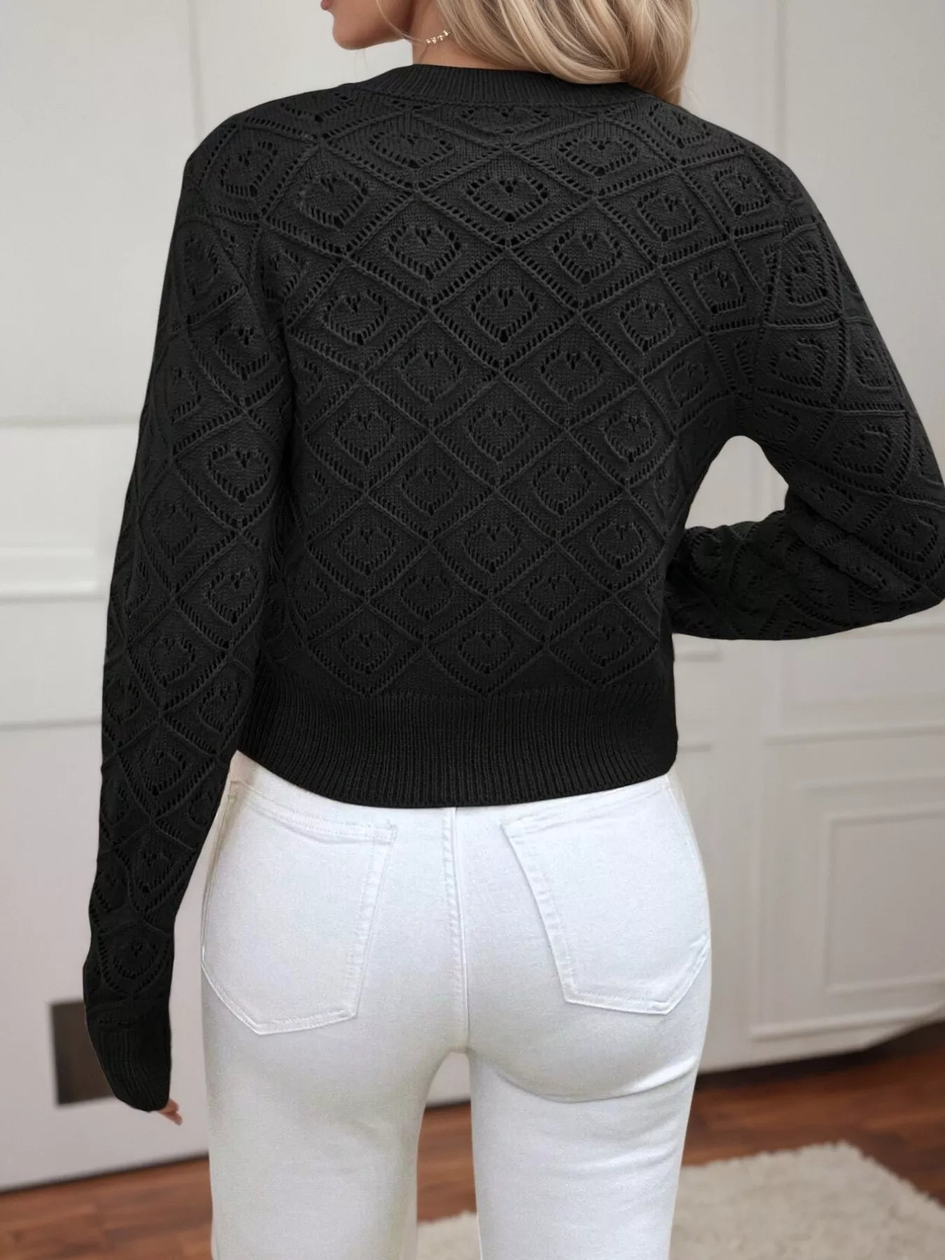 Openwork Button Up Long Sleeve Cardigan -  Be Bliss Boutique