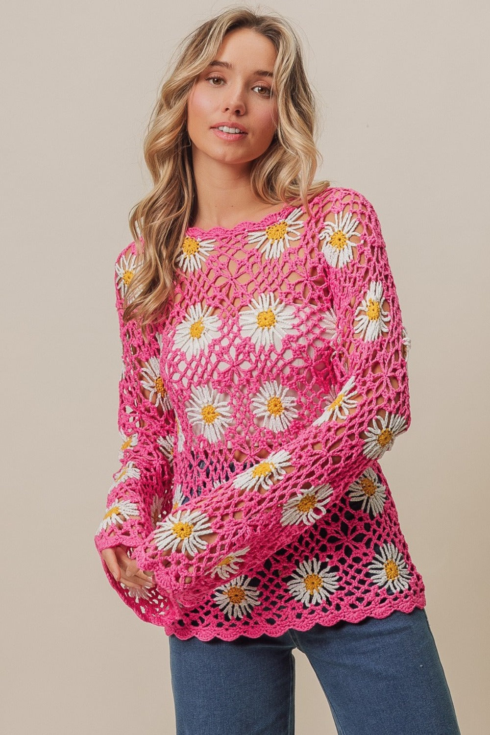 Pink Floral Crochet Net Lace Cover Up