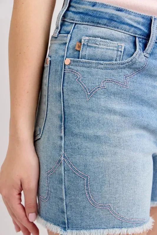 Judy Blue Full Size/Plus Size High Waist Western Embroidery Detail Cut Off Denim Shorts | Be Bliss Boutique