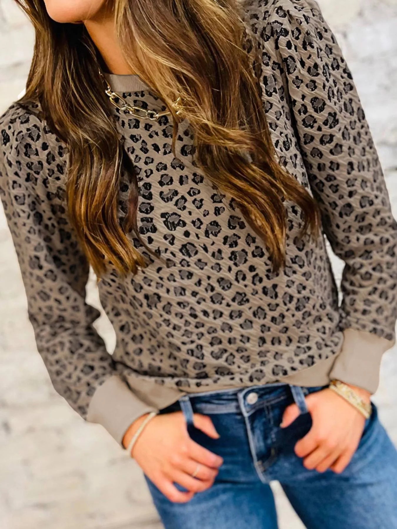 Ribbed Trim Leopard Print Long Sleeve Top - Be Bliss Boutique