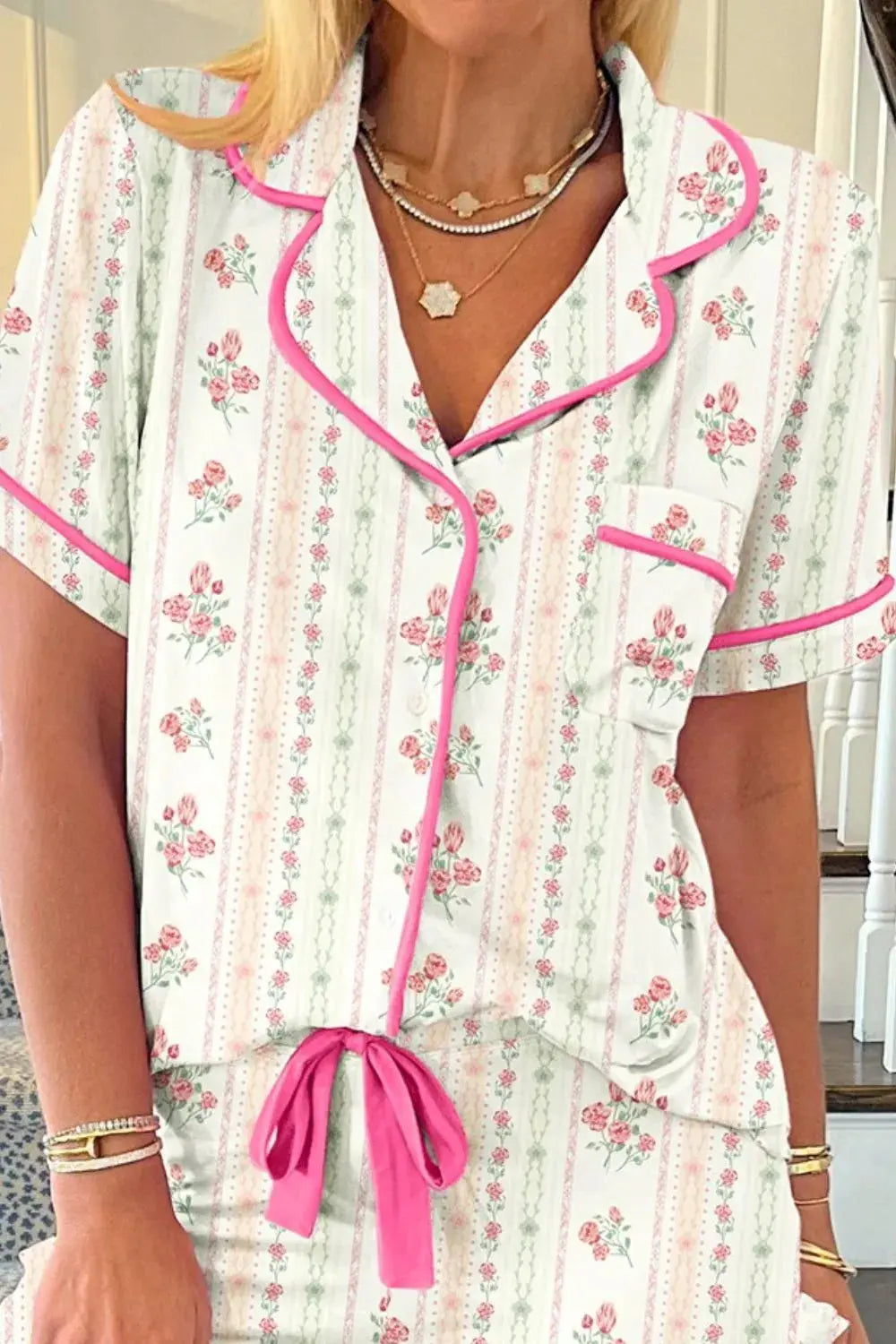 Printed Button Up Short Sleeve Top and Shorts Lounge Set 