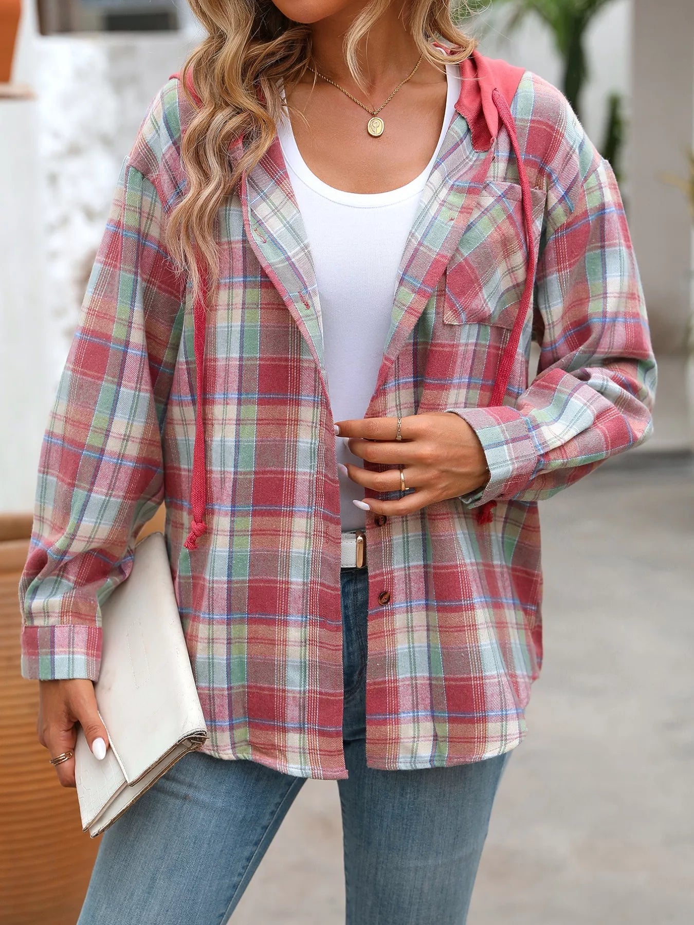 Plaid Button-Up Hooded Shirt with Chest Pocket - Be Bliss Boutique
