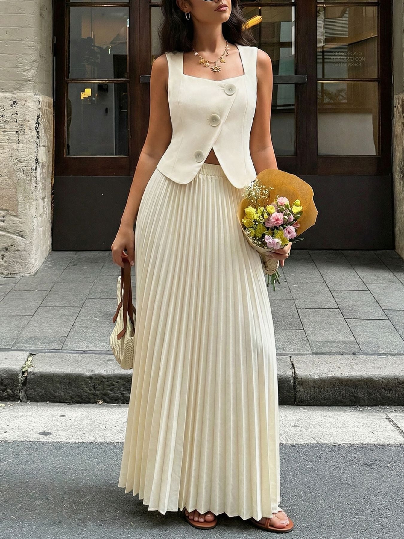 Apricot Sleeveless Vest and Pleated Maxi Skirt Set - Be Bliss Boutique