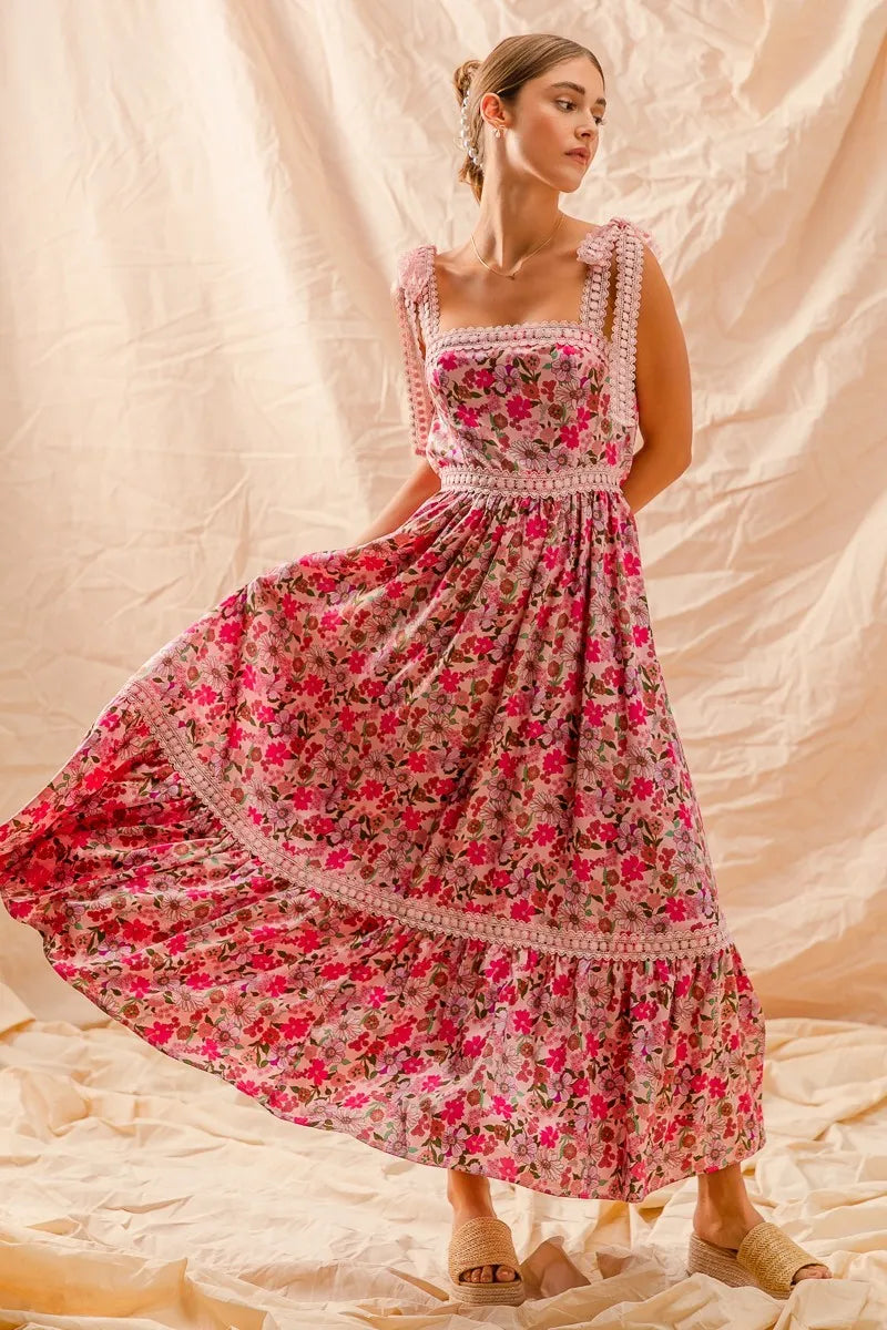 SO ME Floral Maxi Dress With Ribbon Tie Lace Strap -  Be Bliss Boutique
