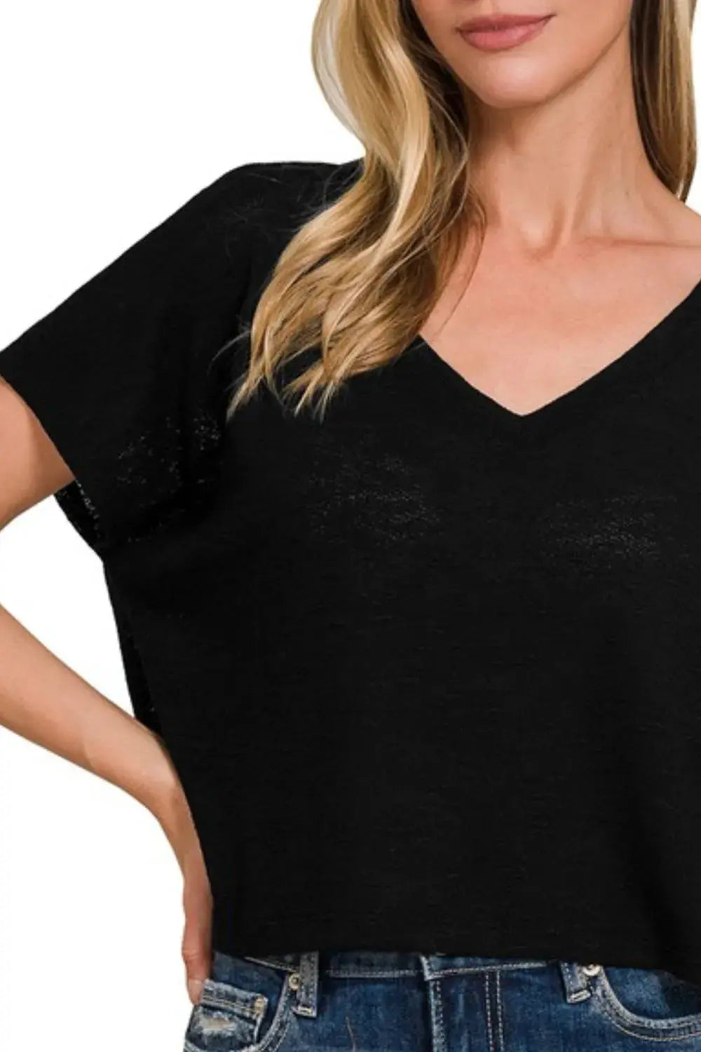 Zenana Hacci Slub V-neck Drop Shoulder Crop Top |  Be Bliss Boutique