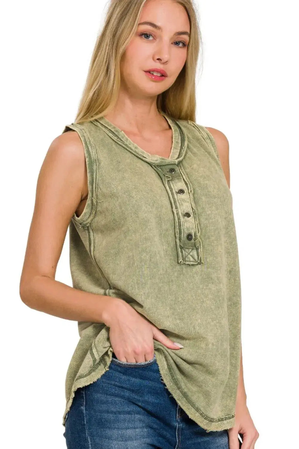 Zenana Washed Half-button Raw Edge Sleeveless Henley Tank Top |  Be Bliss Boutique