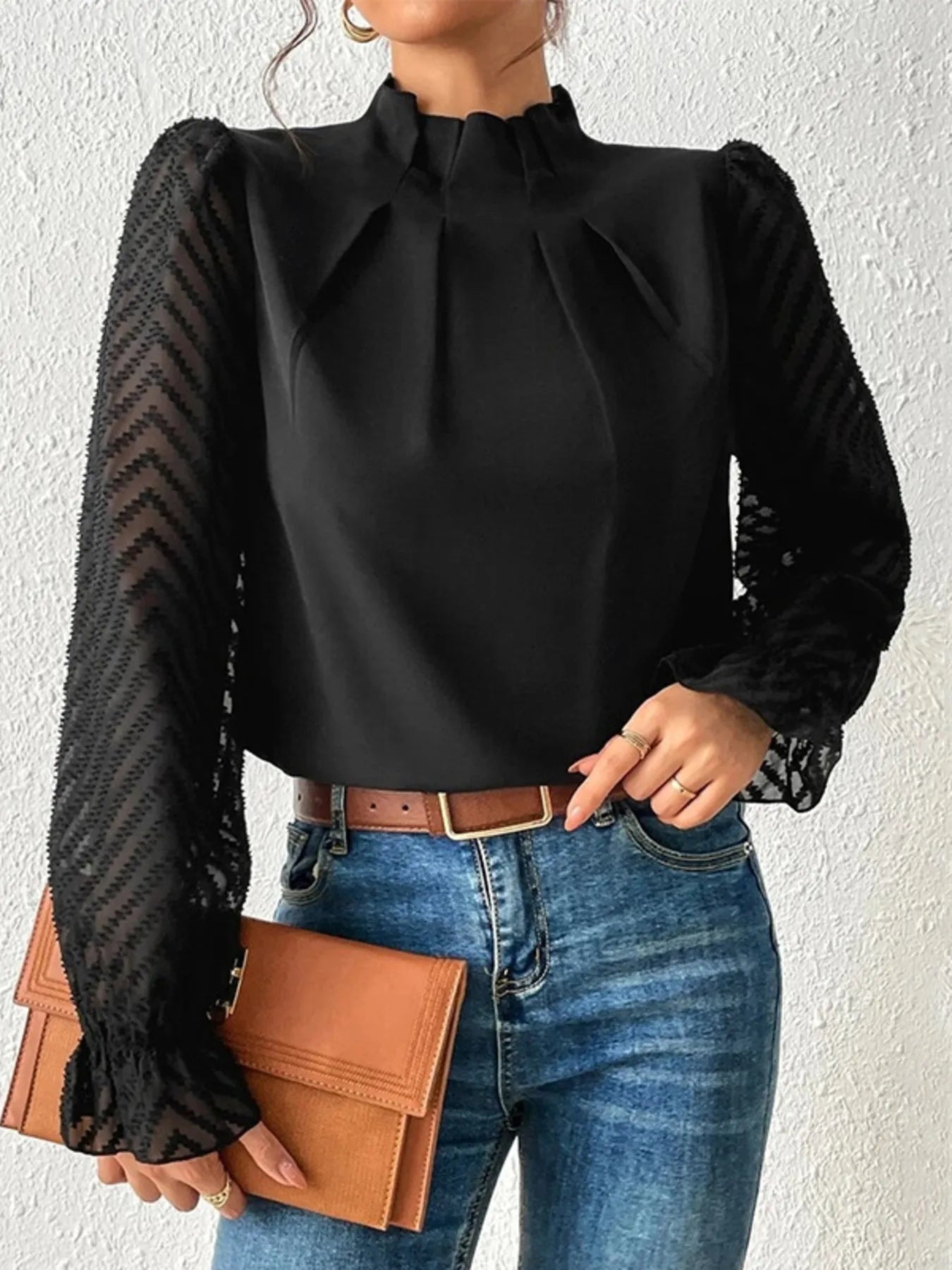 Mock Neck Flounce Sleeve Blouse -  Be Bliss Boutique