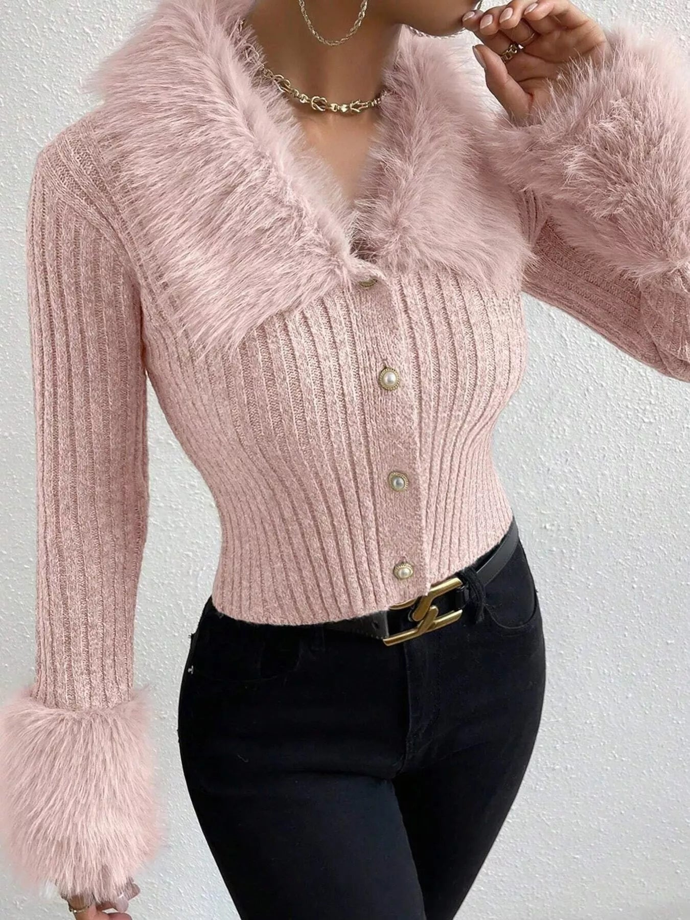 Faux Fur Trim Ribbed Knit Cropped Cardigan - Be Bliss Boutique