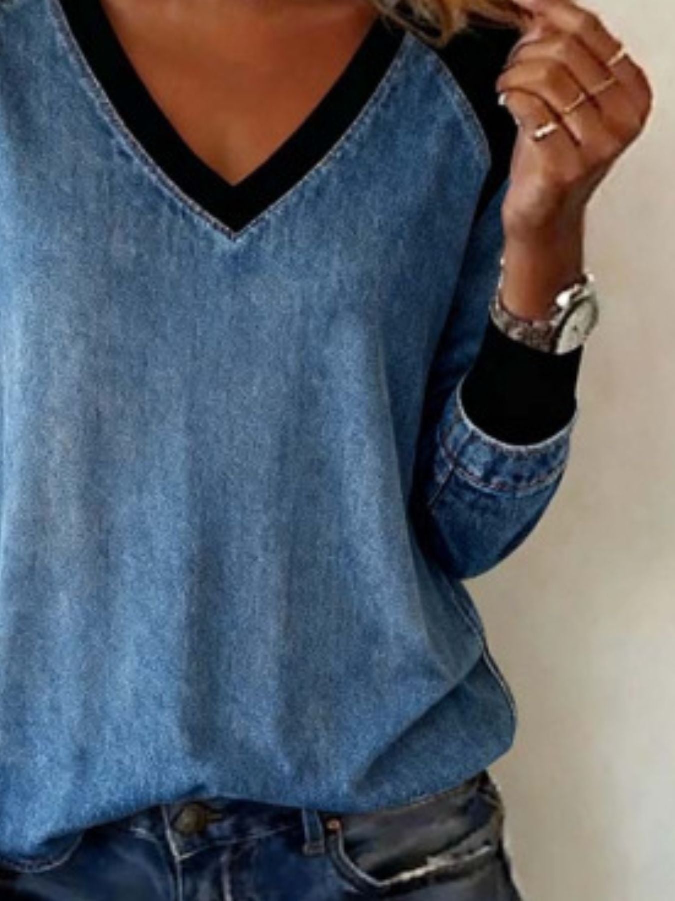 Full Size Patchwork V Neck Long Sleeve Blouse - Be Bliss Boutique