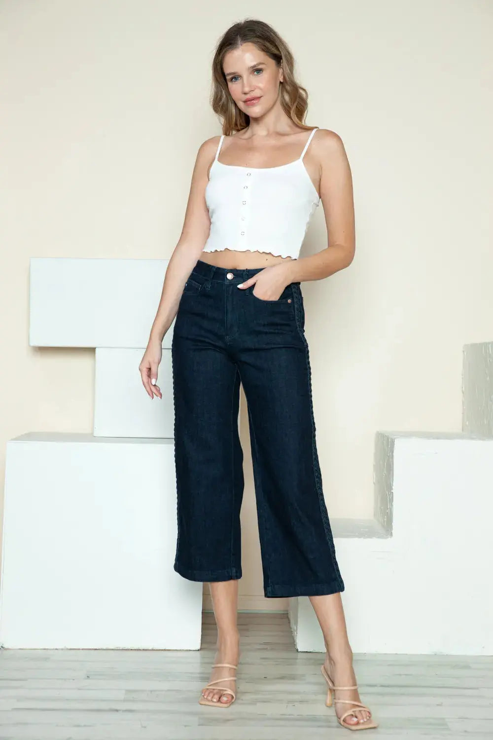 Judy Blue Full Size/Plus Size Side Seam Braid Detail Crop Wide Leg Jeans |  Be Bliss Boutique