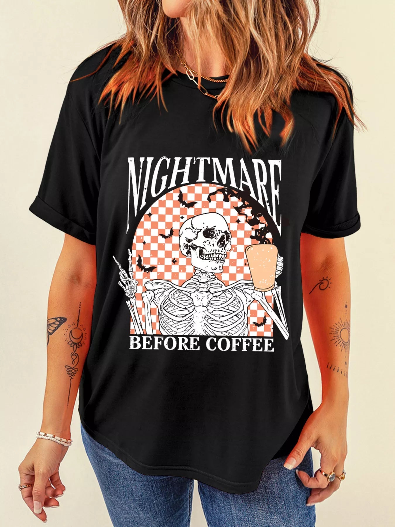Halloween Skull Checkerboard Graphic Round Neck Tee -  Be Bliss Boutique