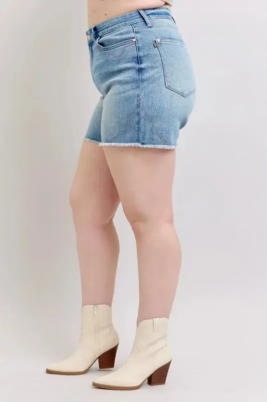 Judy Blue Full Size/Plus Size High Waist Western Embroidery Detail Cut Off Denim Shorts | Be Bliss Boutique