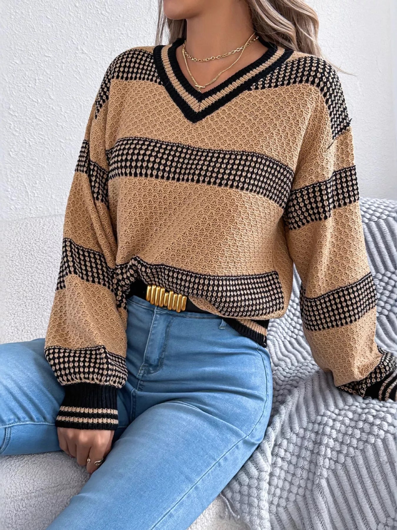 Contrast Striped V-Neck Sweater - Be Bliss Boutique