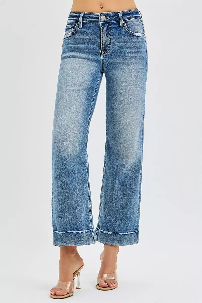 RISEN Jeans - Full Size Mid Rise Crop Straight Jeans with Taylor Cuffed Jeans - Be Bliss Boutique