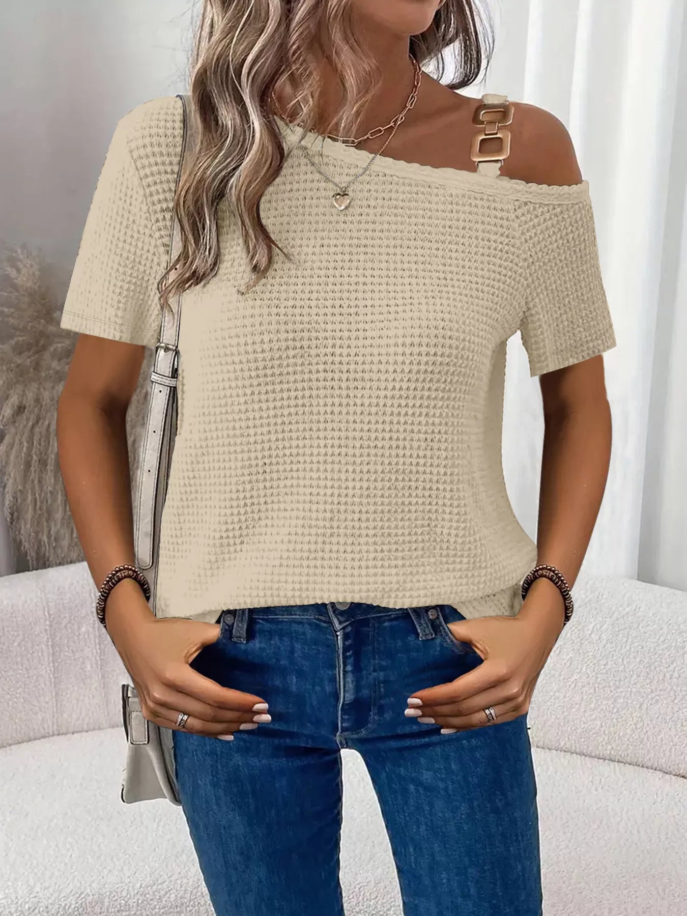 Chain Detail Waffle Knit One Shoulder T Shirt - Be Bliss Boutique