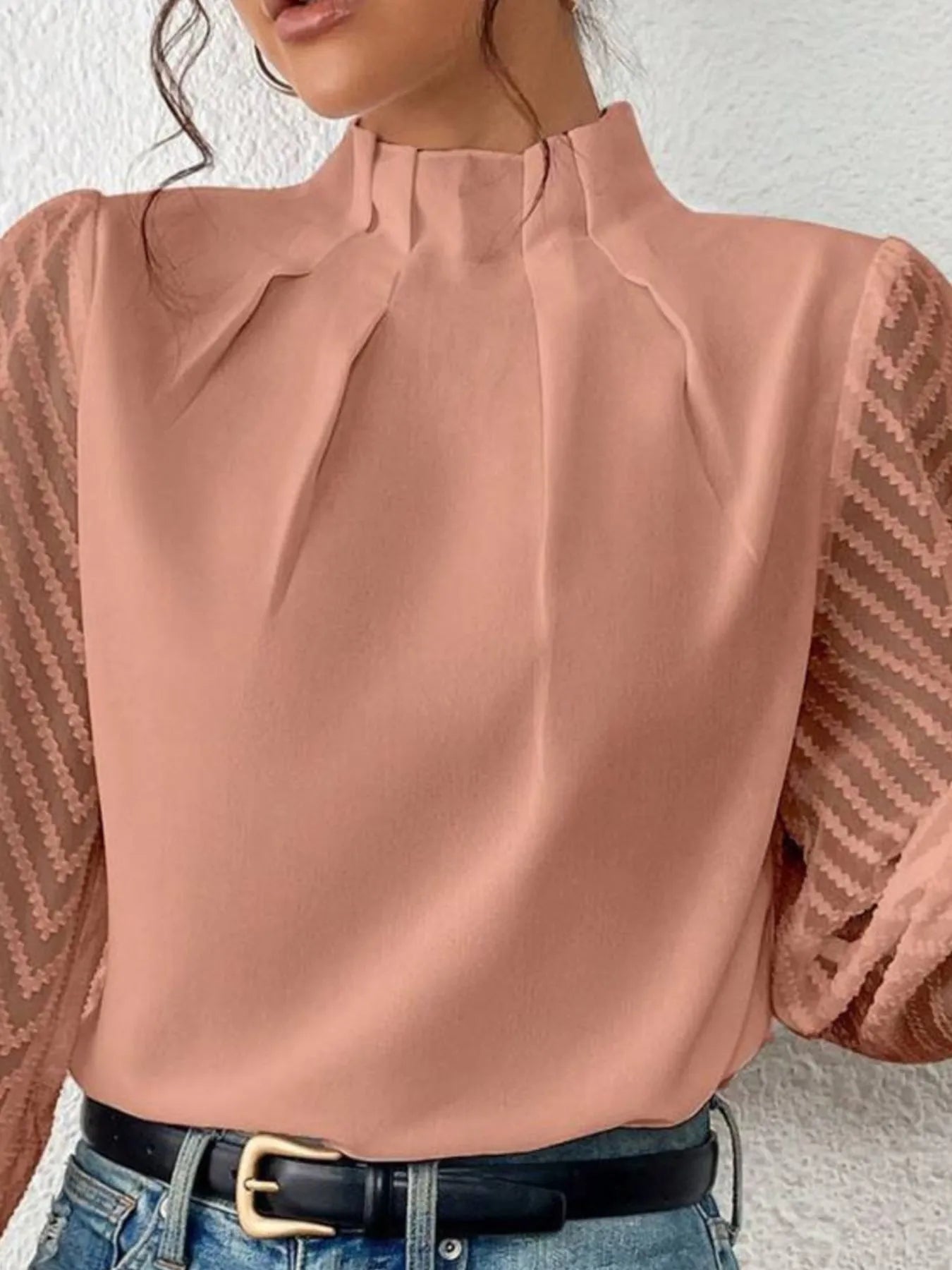 Mock Neck Flounce Sleeve Blouse -  Be Bliss Boutique