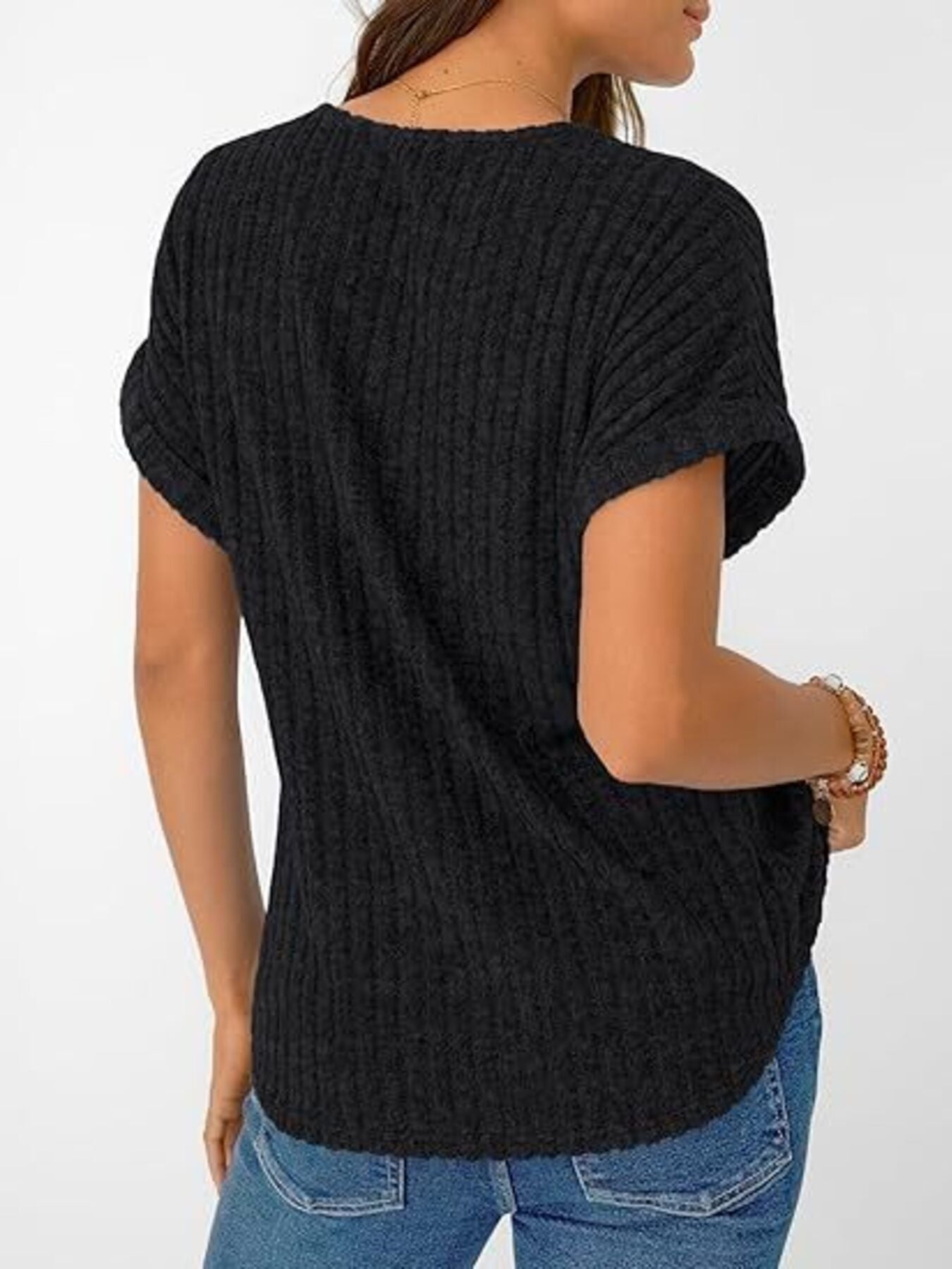 Ribbed Knit V Neck Relaxed Fit T Shirt - Be Bliss Boutique
