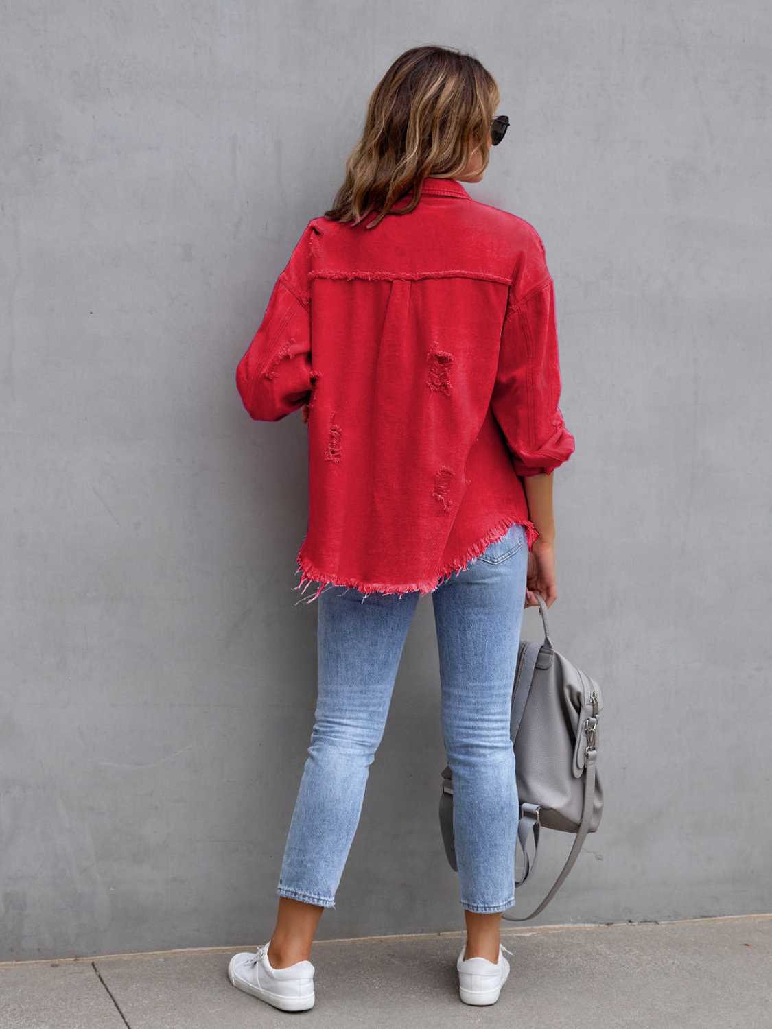 Distressed Drop Shoulder Denim Jacket - Be Bliss Boutique