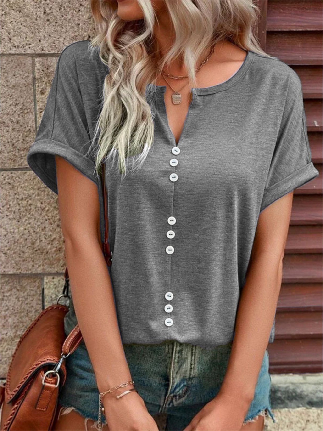 Full Size Decor Button Short Sleeve T Shirt - Be Bliss Boutique