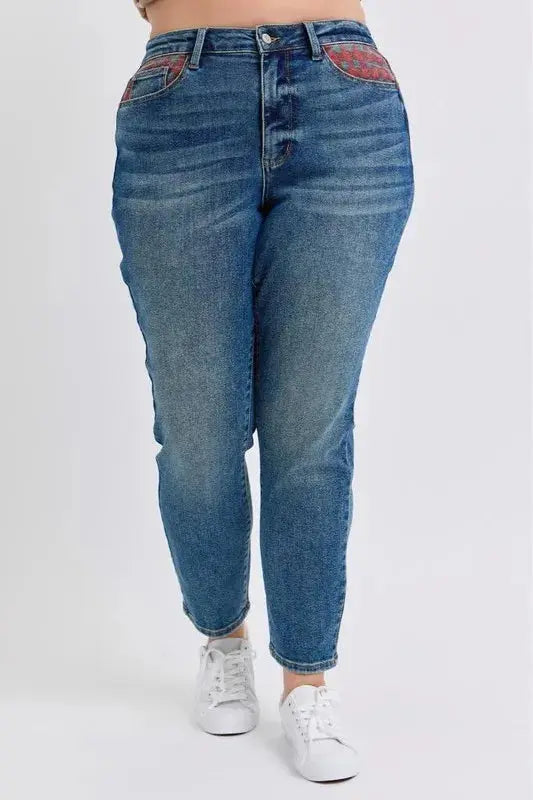 Judy Blue Full Size/Plus Size High Waist Plaid Patch Slim Fit Jeans | Be Bliss Boutique