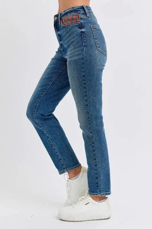 Judy Blue Full Size/Plus Size High Waist Plaid Patch Slim Fit Jeans | Be Bliss Boutique