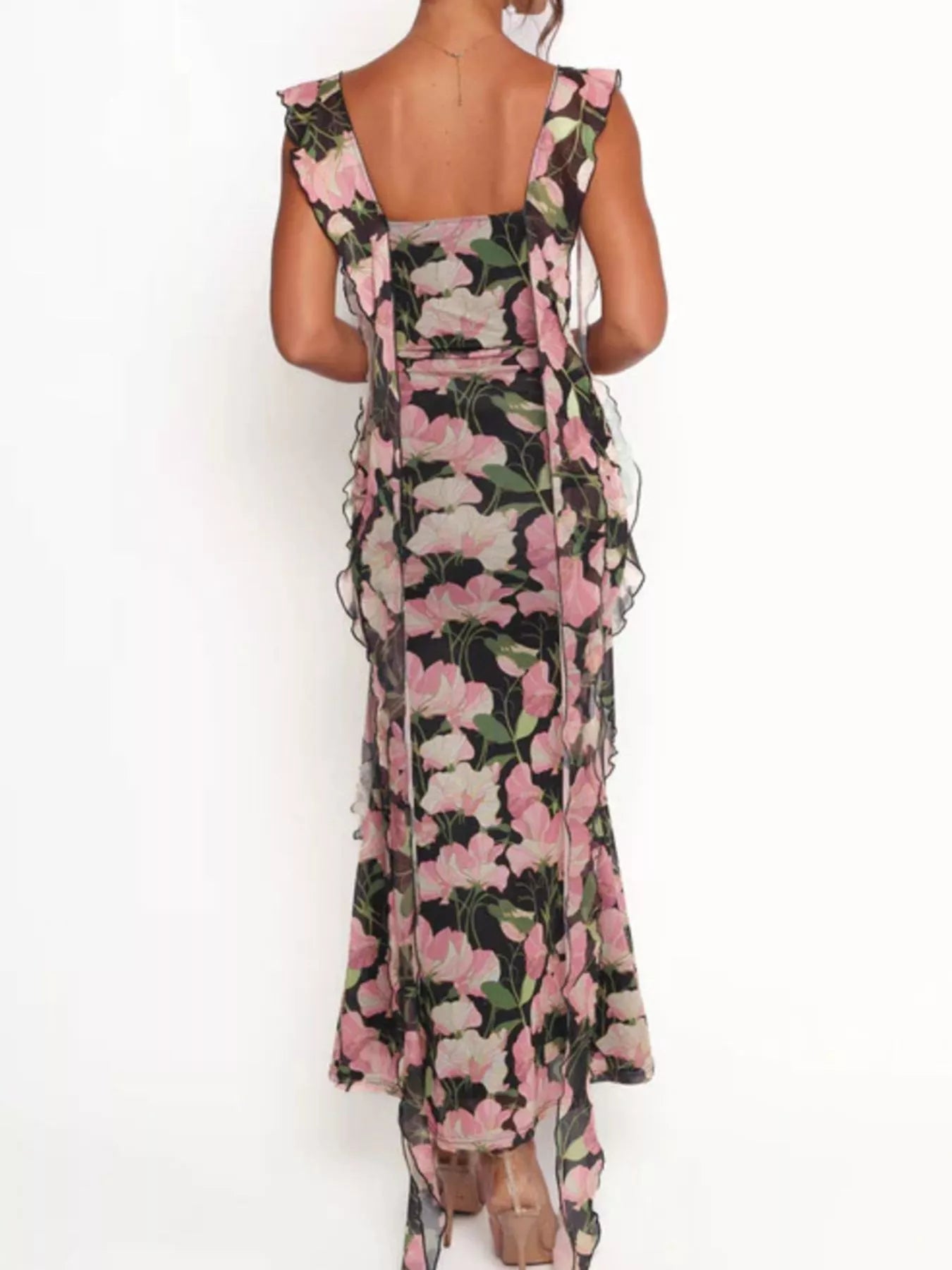 Floral Print Ruffle Trim Bodycon Maxi Dress - Be Bliss Boutique