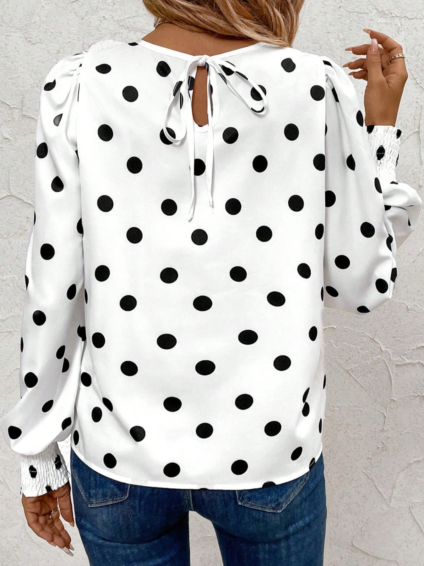Women's White Polka Dot Long Sleeve Blouse - Be Bliss Boutique