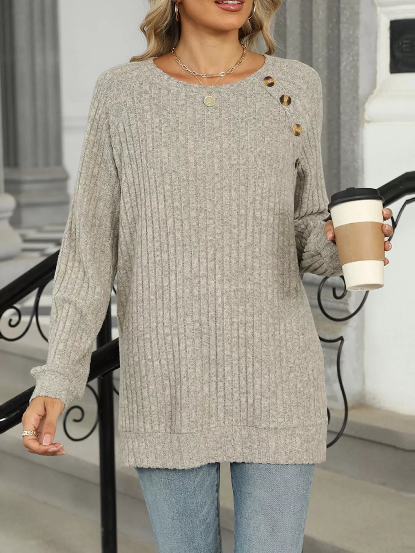 Ribbed Round Neck Womens Long Sleeve T Shirt with Decorative Buttons -  Be Bliss Boutique