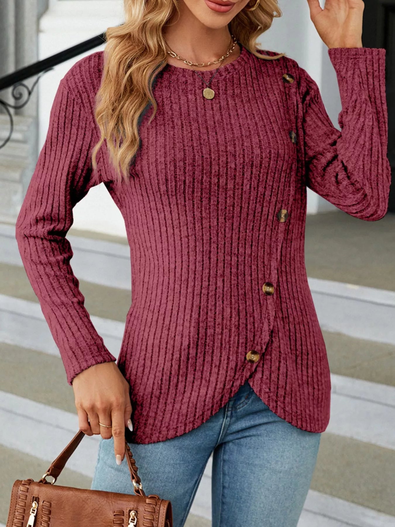 Ribbed Knit Decor Button T-Shirt -  Be Bliss Boutique